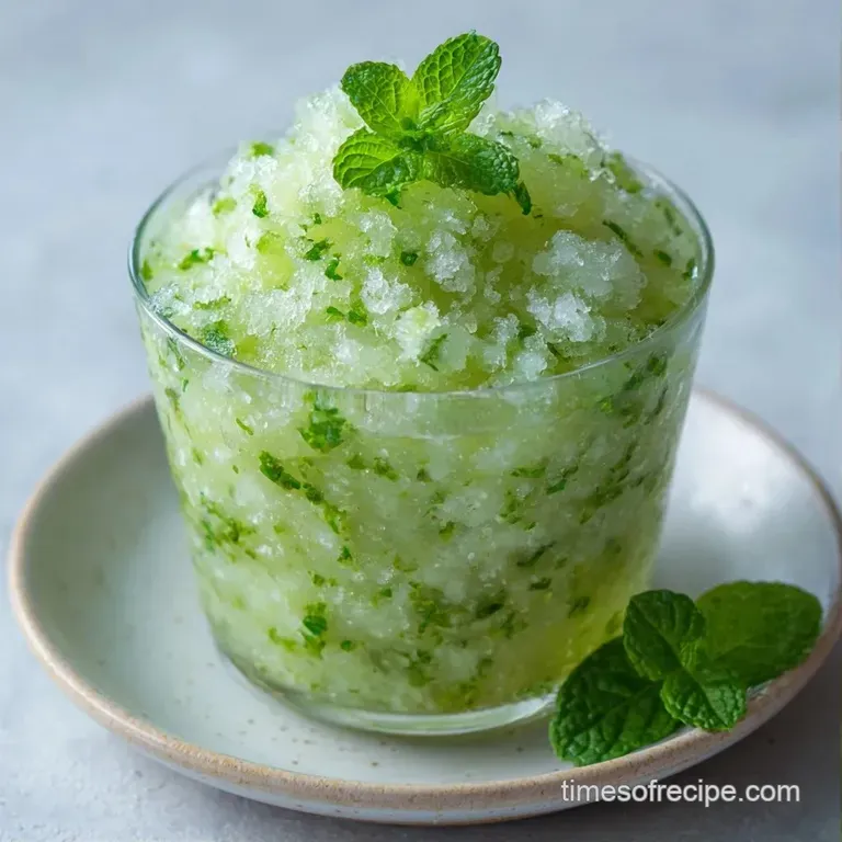 A chilled silver chalice overflowing with pebbled ice and bright green mint leaves on a polished wooden table.
