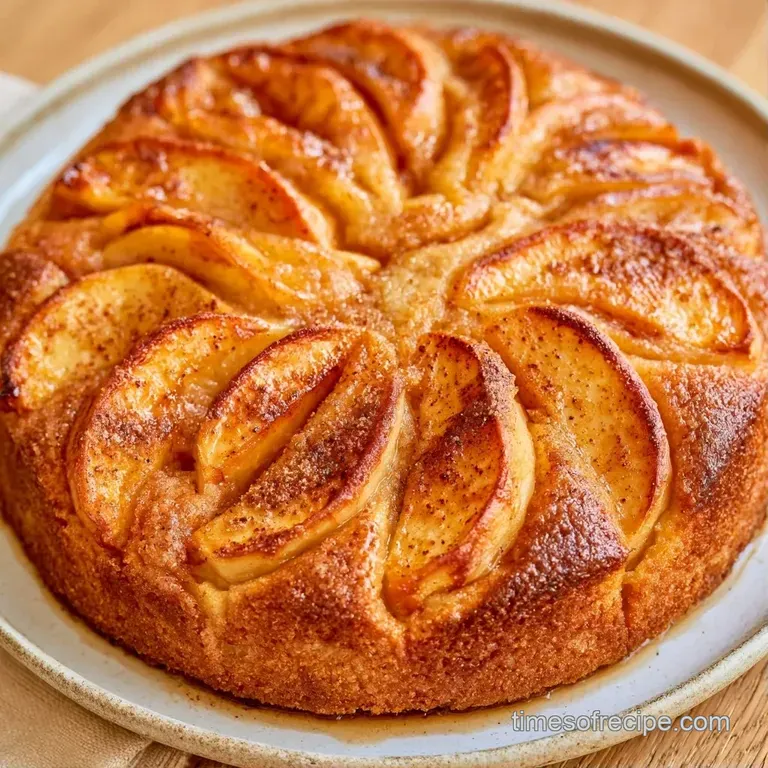 A slice of warm, golden apple cake on a white ceramic plate with a dollop of whipped cream and a fresh mint leaf.