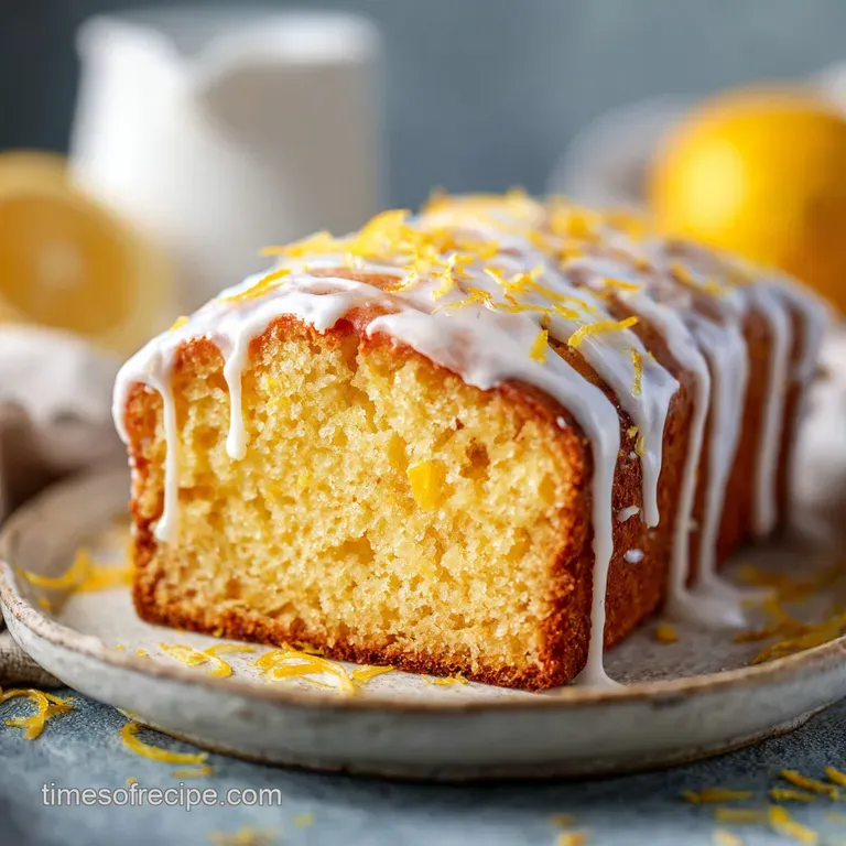 A slice of pale yellow cake on a white ceramic plate, garnished with a mint leaf and a fresh lemon wedge.