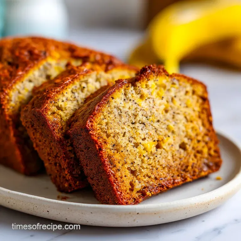 A single slice of moist banana bread, toasted and dripping with butter, served with tropical fruit garnish on a white plate.