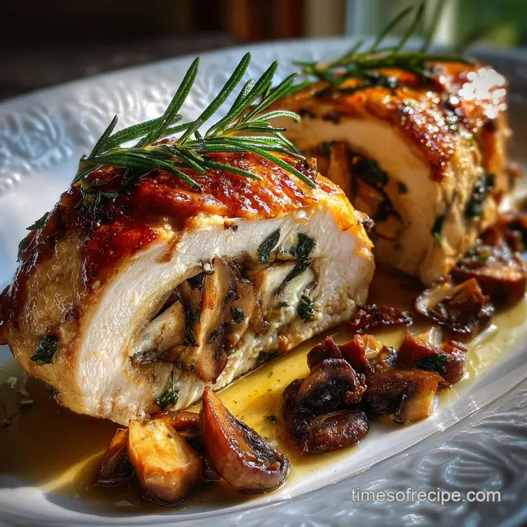 A juicy stuffed chicken breast glistening with garlic butter, plated with vibrant green asparagus and creamy mashed potatoes.