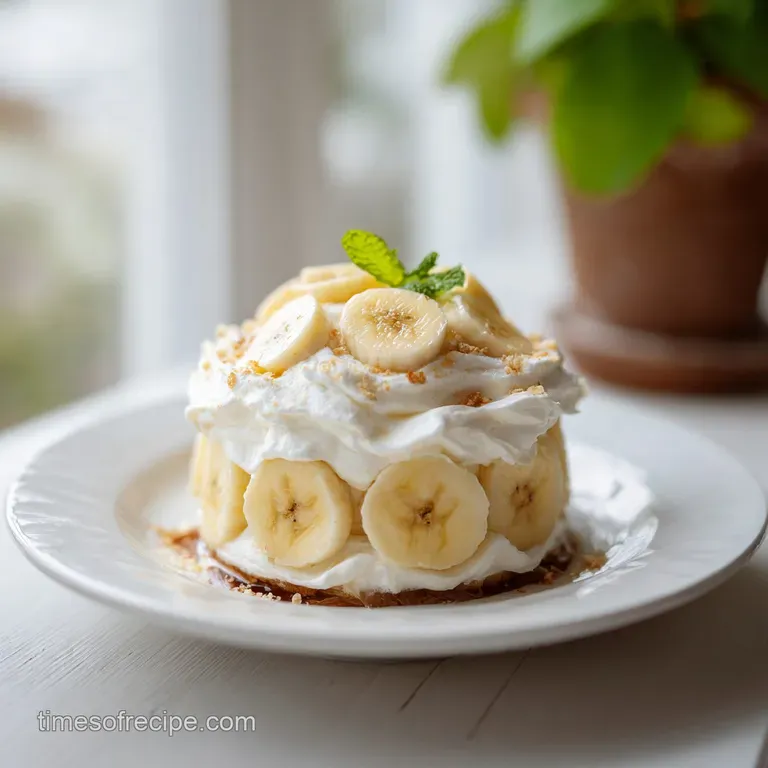 A single serving of banana pudding elegantly layered in a glass bowl, adorned with a swirl of whipped cream.