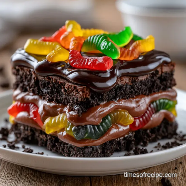 Elegant glass cups showing alternating layers of dark chocolate crumbs and airy white cream with a gummy worm.