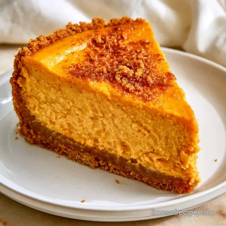 Elegant slice of orange pumpkin cream cake on a white plate, dusted with cinnamon and topped with a mint leaf.
