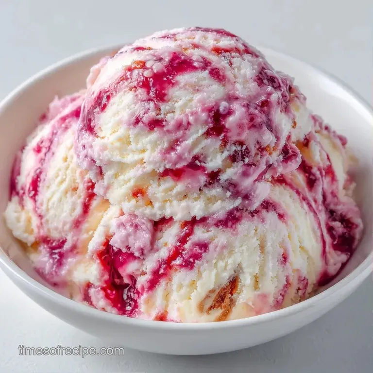 Elegant scoops of creamy frozen dessert with bright red fruit swirls and a fresh mint leaf on a white plate.