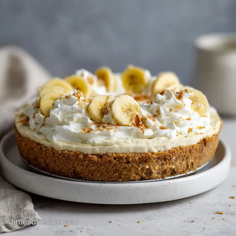Thick slice of banana cream cheesecake with whipped cream dollops and banana slices on a white plate; fork ready to cut in.