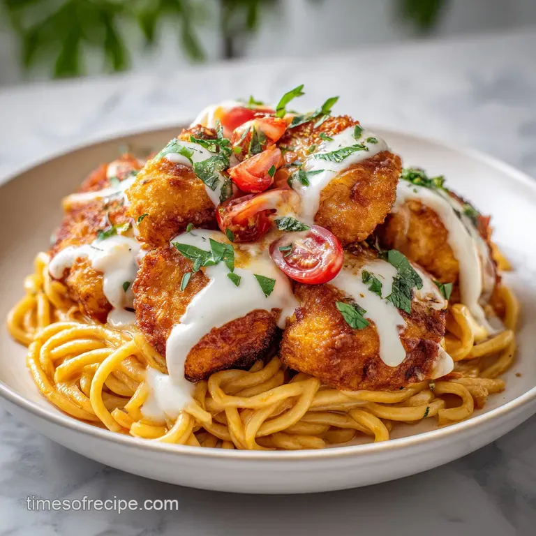 Plated: parmesan chicken nuggets nestled on pasta, bright sauce, fresh basil, light steam rising, appetizing.