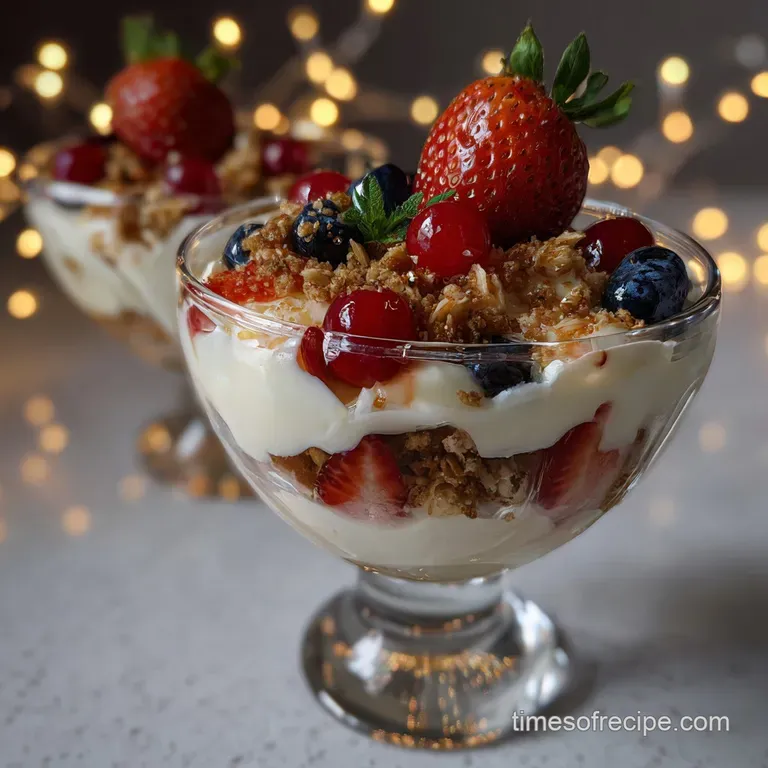 Elegant parfait in a stemmed glass with layers of white and red. Garnished with fresh berries, showcasing a luxurious, lig...