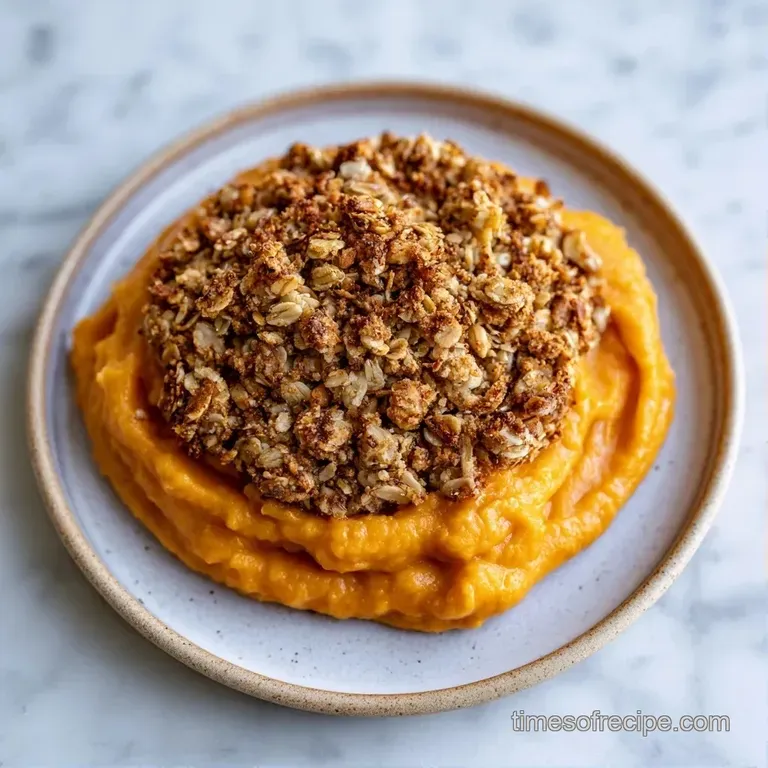 A square slice of orange-hued casserole on a white plate, topped with a pat of melting butter and toasted pecans.
