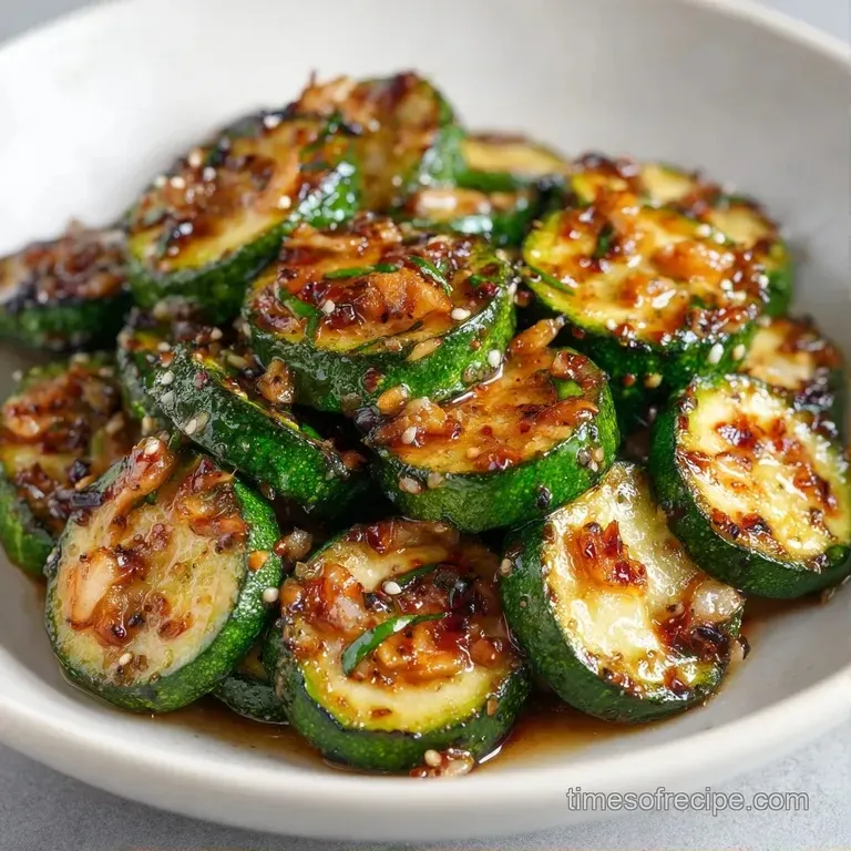 Neatly arranged zucchini coins glistening with oil, garnished with lemon zest and fresh herbs on a white plate.