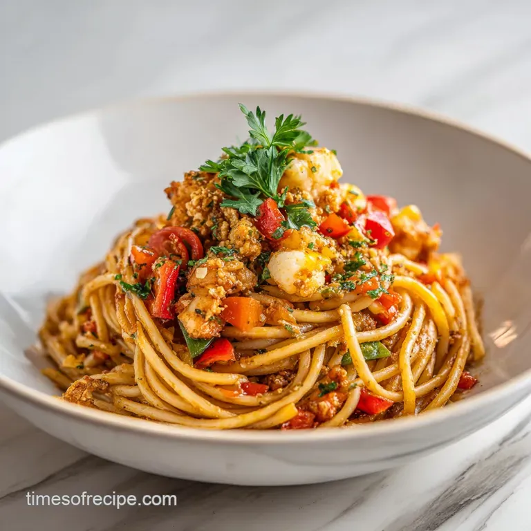 A swirl of steaming, creamy Cajun pasta piled high, punctuated by sliced sausage and colorful bits of green onion and pepp...