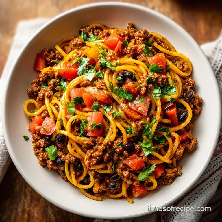 Creamy taco spaghetti twirled on a plate, topped with fresh cilantro, diced tomatoes, and a dollop of cool cream cheese. I...