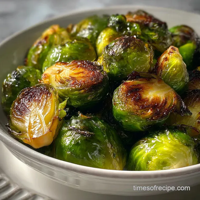 Glossy, roasted Brussels sprouts piled high on a white plate; edges are caramelized and slightly charred, hinting at a dee...
