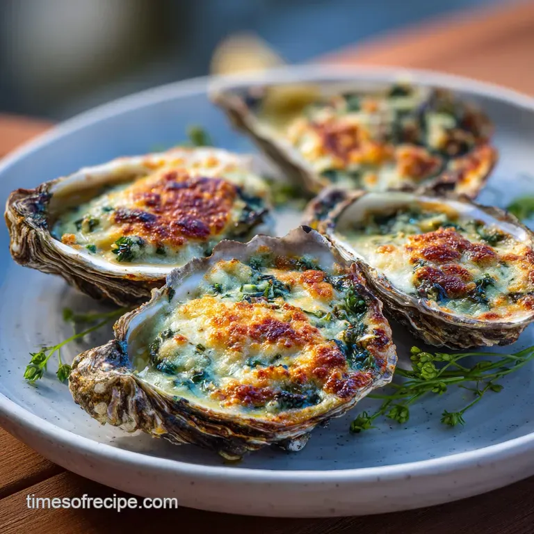 Elegant Oysters Rockefeller, vibrant green and golden-brown, presented on a silver platter with lemon wedges and parsley.