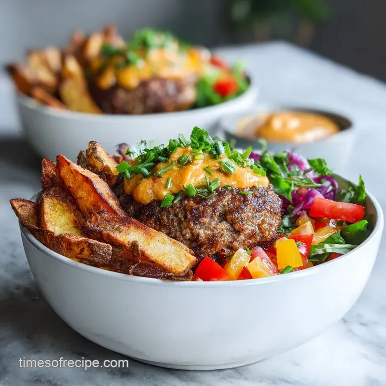 Burger bowl elegantly plated: Juicy beef, golden fries, fresh greens, all drizzled with a luscious, creamy sauce; a colorf...