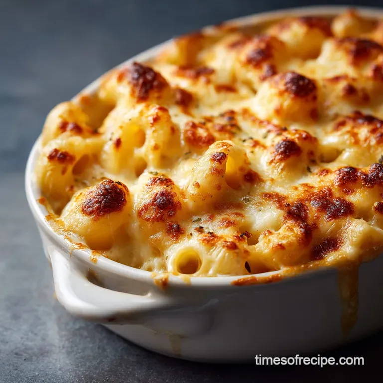 Elegant portion of glossy, cheddar mac & cheese, garnished with cracked black pepper and fresh parsley sprig.