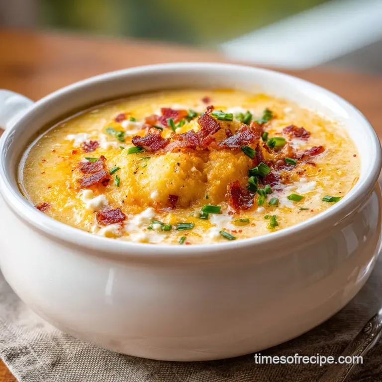 A swirl of cream adorns this rustic potato soup. Chopped chives and crumbled bacon create pops of color and texture.