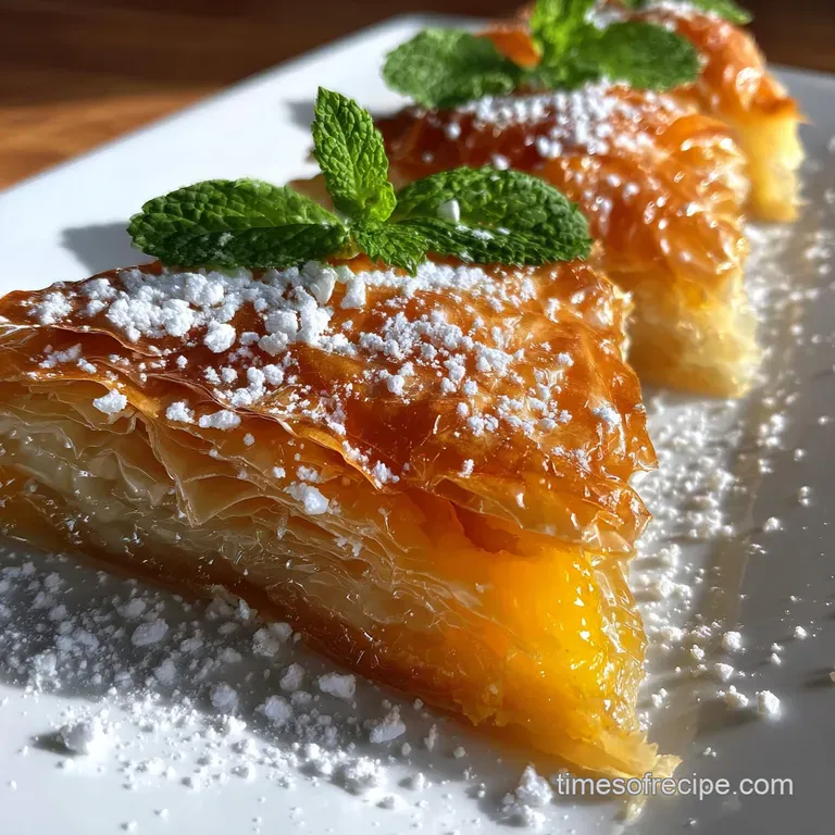 A slice of peach and phyllo dessert on a white plate, showing layers of crispy pastry and tender, caramelized fruit. Whip...