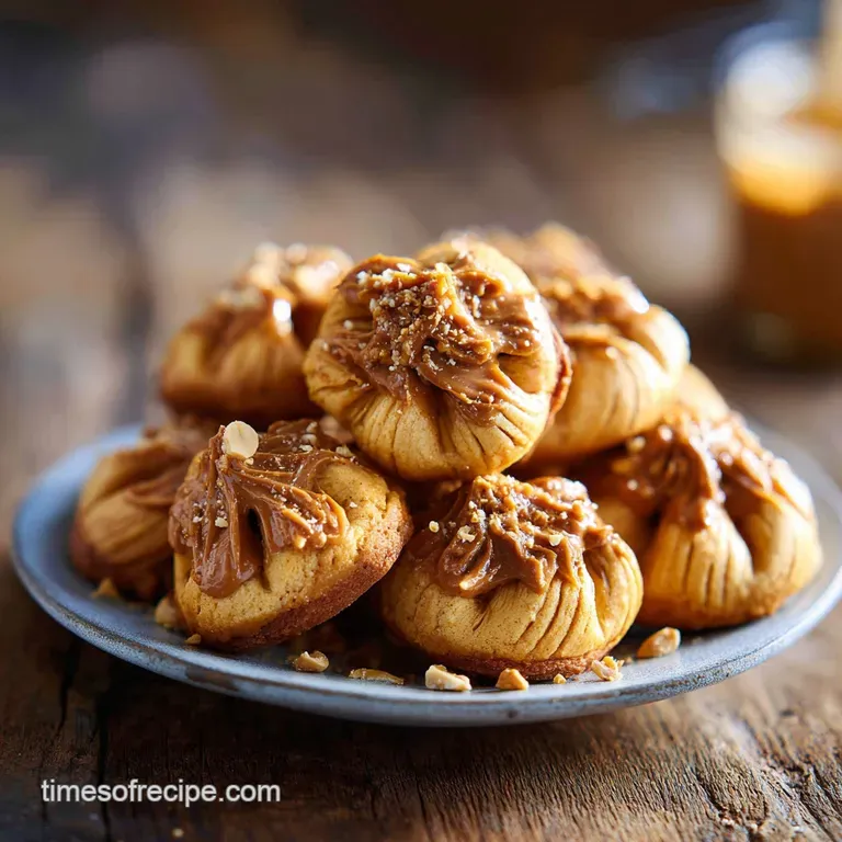 Festive peanut butter blossoms on a cake stand. Chocolate kisses glisten atop the cracked, sugar-dusted cookies.
