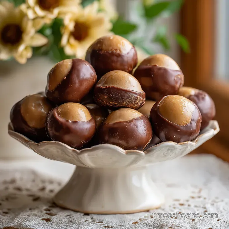 Elegant plate showcasing shiny, dark chocolate buckeyes. Soft peanut butter centers give way under a dusting of powdered s...