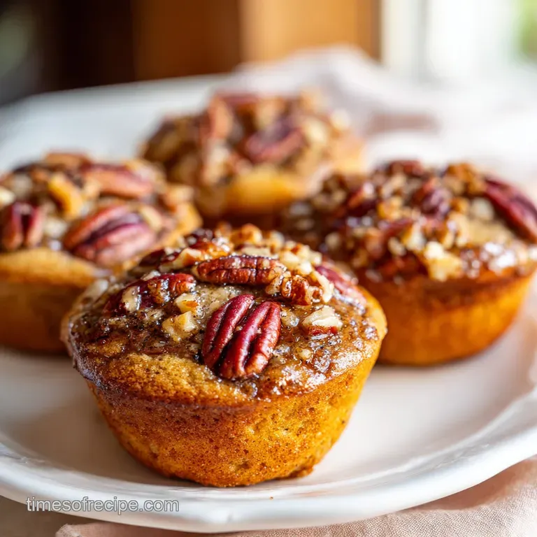 Single pecan pie muffin on a white plate. Crumbling texture and dark amber filling ooze against a crisp golden top.
