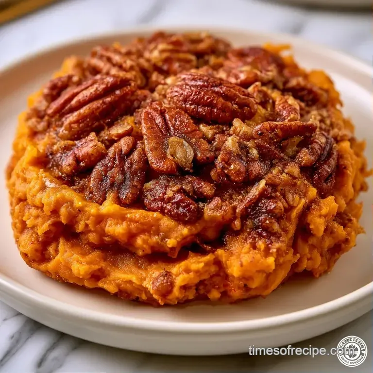 A perfect scoop of smooth orange mash topped with golden toasted pecans on a minimalist white ceramic dinner plate.