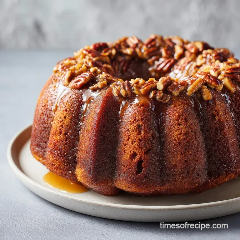 A slice of warm bundt cake, revealing tender crumb, adorned with plump caramelized pecans on a white plate.