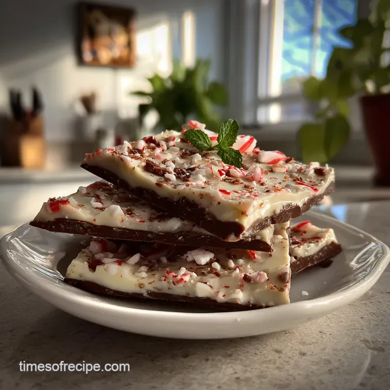 Elegant peppermint bark slices layered on a white plate. Candy cane pieces gleam, hinting at a cool, minty freshness.