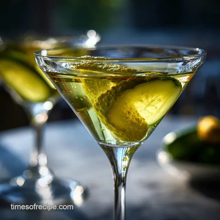 Elegant pickle martini: Clear cocktail in stemmed glass beside a dill pickle, sitting on a dark, glossy bar top. Crisp and...