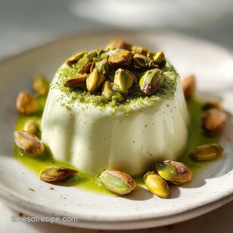 Creamy pistachio panna cotta, garnished with chopped nuts and a sprig of mint, sits on a small white plate.
