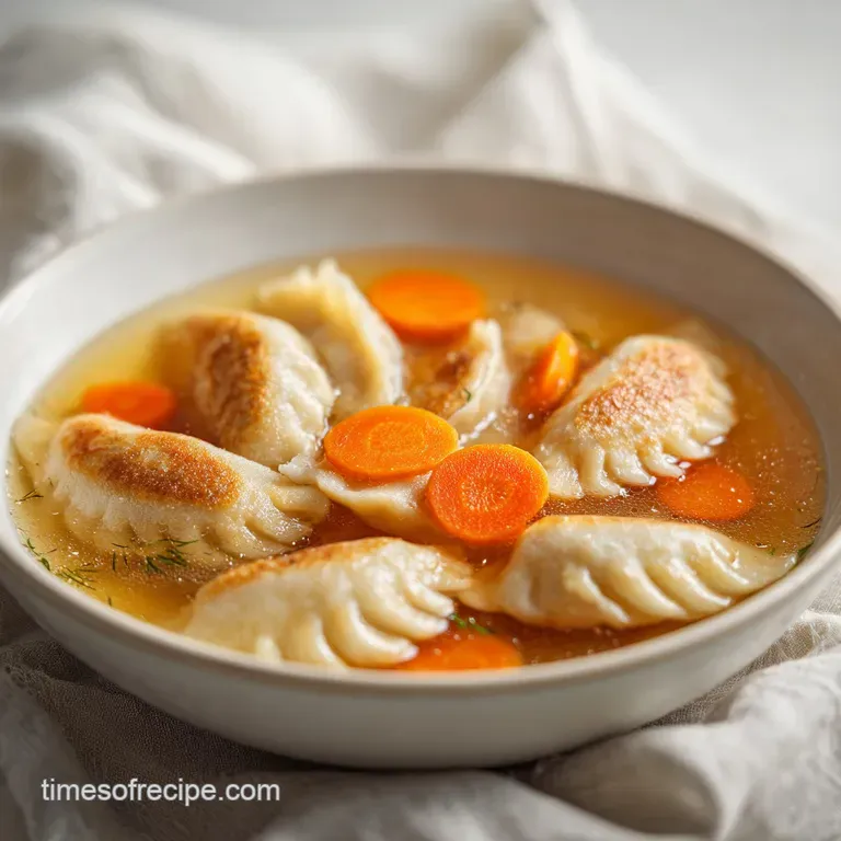 Elegant white ceramic bowl of golden broth with seared dumplings, fresh scallions, and a side of wooden chopsticks.