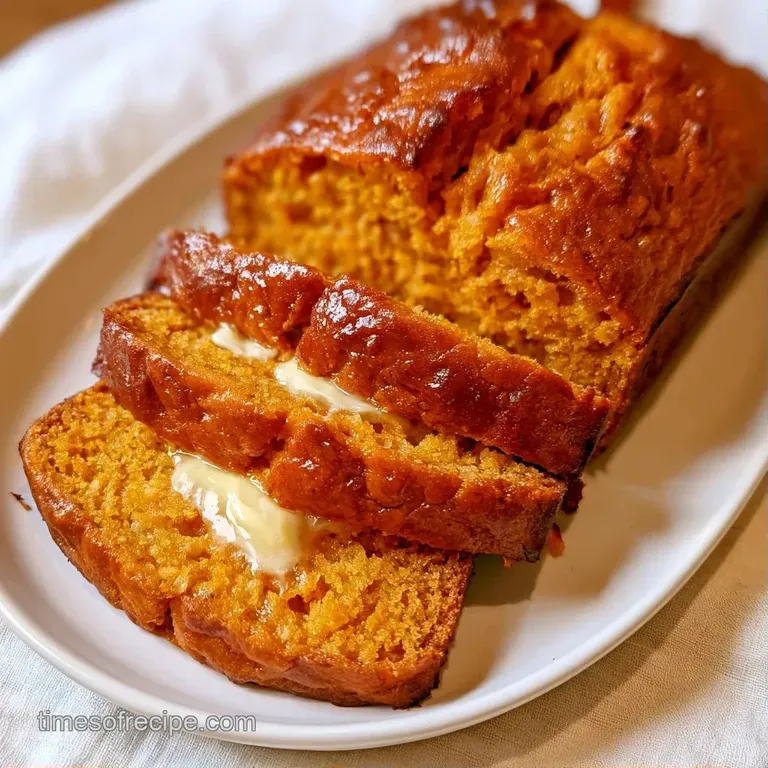 A thick slice of golden-orange cake topped with melting butter on a white ceramic plate and a linen napkin.