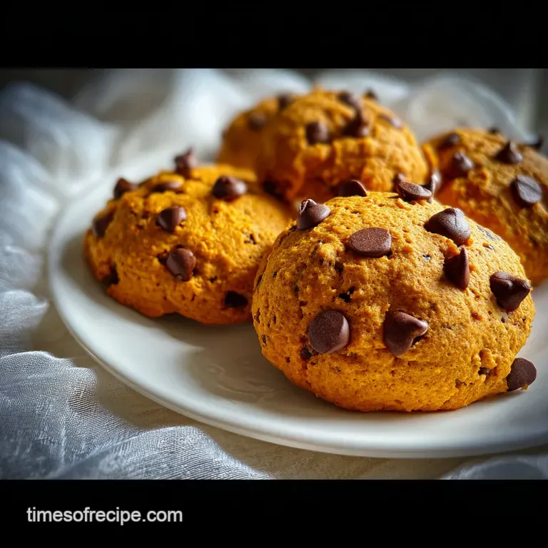 Stack of rich, fudgy pumpkin chocolate chip cookies next to a tall glass of cold milk on a rustic wooden table. Warm tones.
