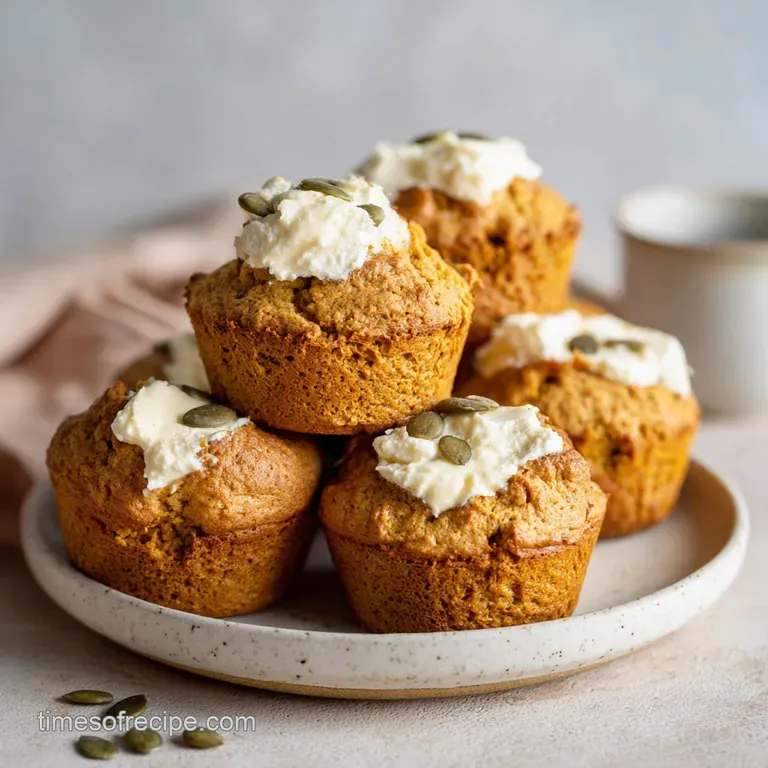 Warm, spiced pumpkin muffins arranged artfully with a dollop of cream cheese frosting.