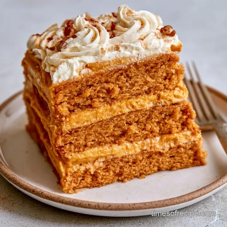 Elegant slice of layered orange and cream cake on a white plate, dusted with cinnamon and a sprig of fresh mint.