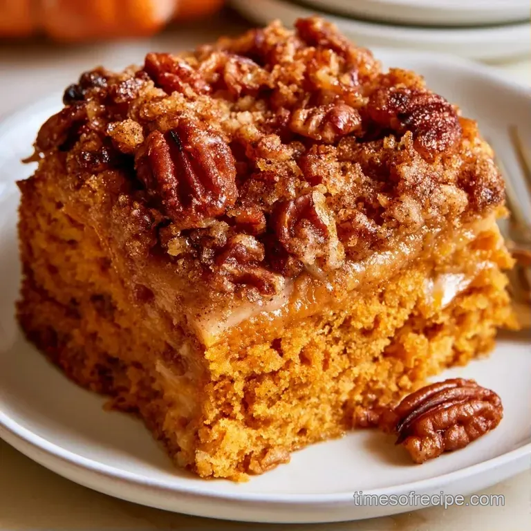 A thick slice of orange-hued cake on a white plate, dusted with powdered sugar beside a steaming cup of coffee.