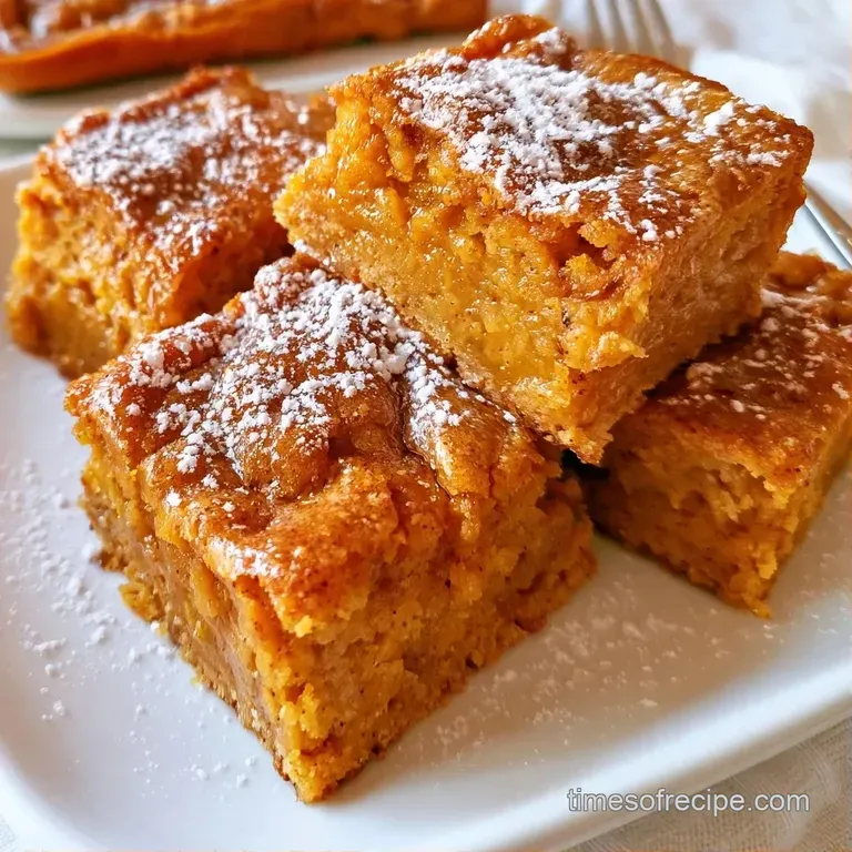 Two orange spice squares stacked on a white ceramic plate, garnished with a dollop of cream and a cinnamon stick.