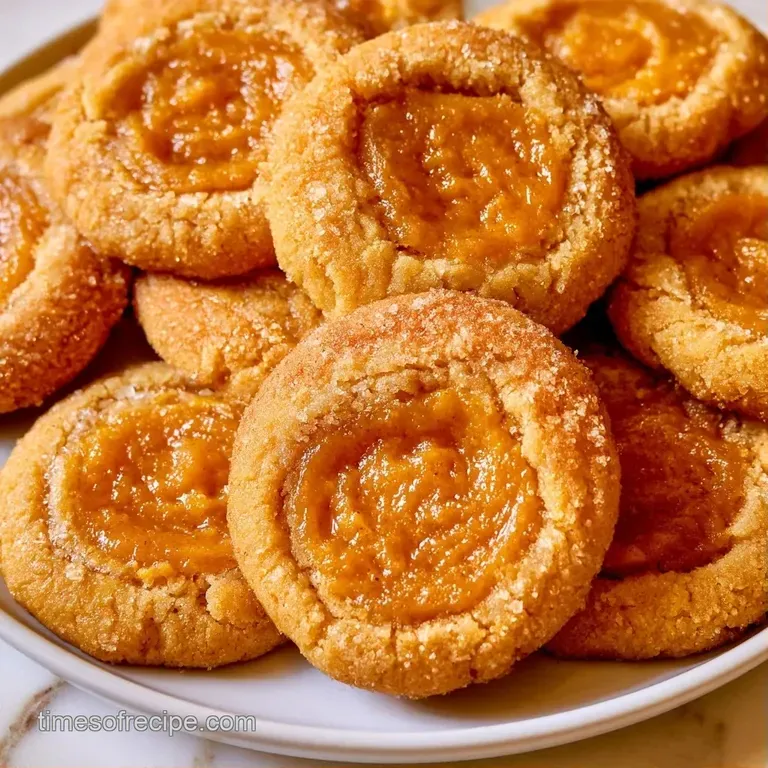 Small, round spiced cookies arranged on a white ceramic platter, each holding a swirl of vibrant orange cream.