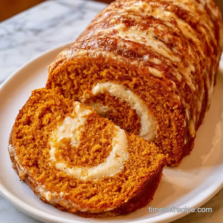 A slice of orange sponge cake swirl on a white ceramic plate, garnished with a cinnamon stick and fresh mint leaf.
