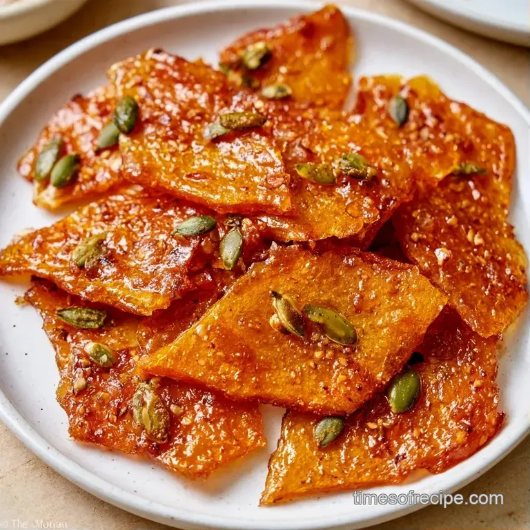Jagged amber candy shards stacked on a white ceramic plate, sprinkled with a pinch of flaky sea salt crystals.
