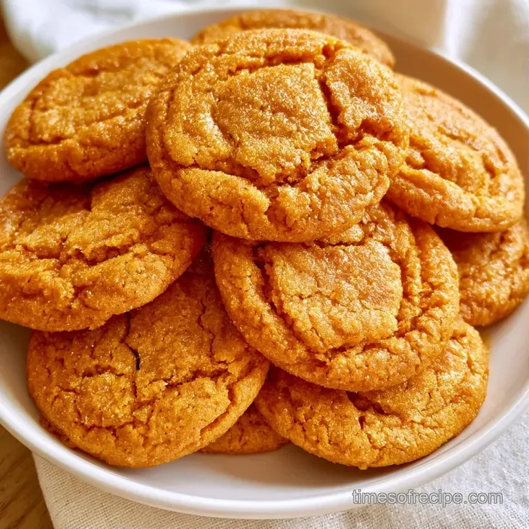 A stack of orange-hued soft baked treats on a ceramic plate next to a steaming cup of coffee and a linen napkin.