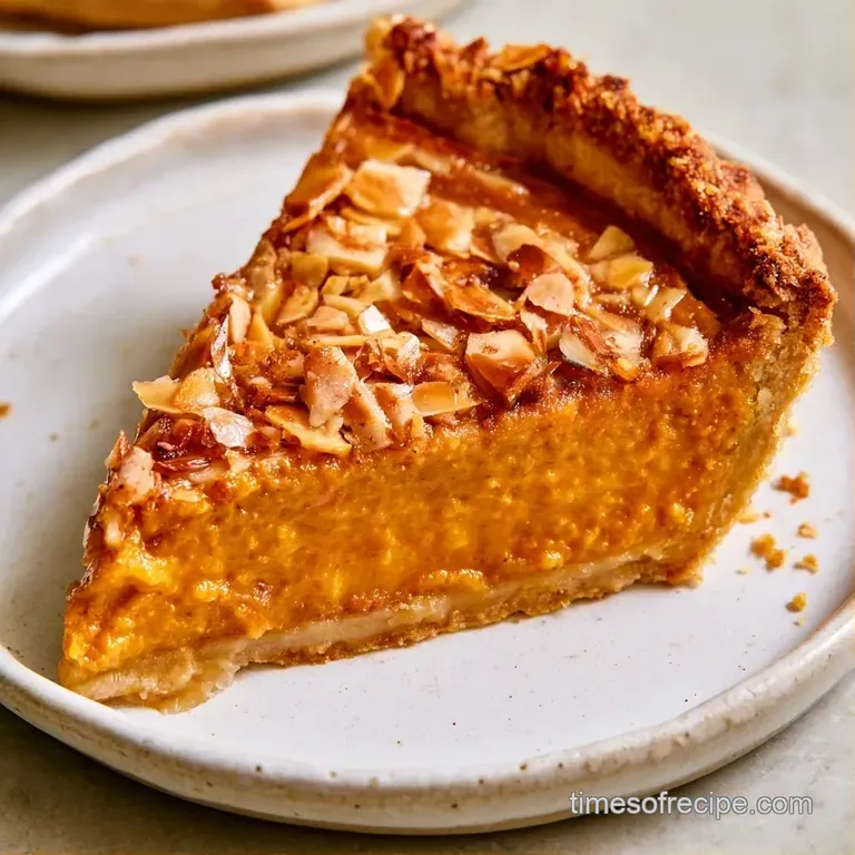 A single slice of orange custard pie on a white plate with a swirl of cream and a dusting of cinnamon powder.