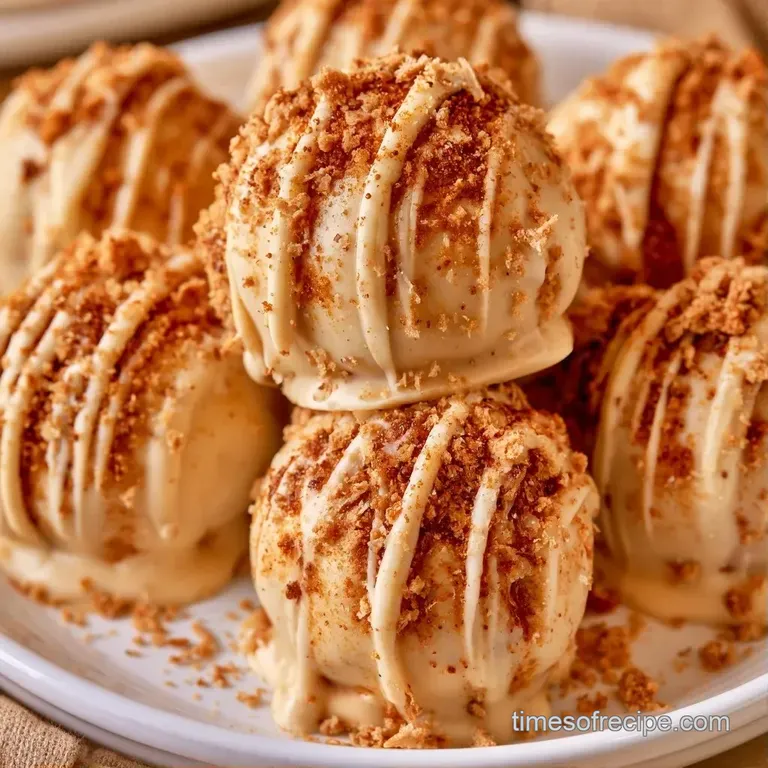 Small orange dessert spheres arranged on a marble slab with a drizzle of cream and a dusting of cinnamon powder.
