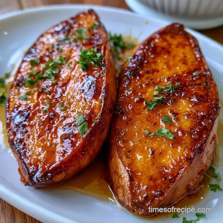 Two roasted orange potatoes on a white ceramic platter, garnished with chopped chives and a dollop of cool cream.