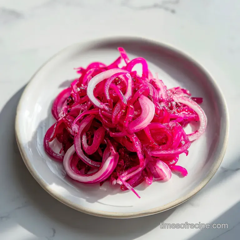 Thinly sliced ruby-red pickled onions artfully fanned across a white plate, a pop of color.