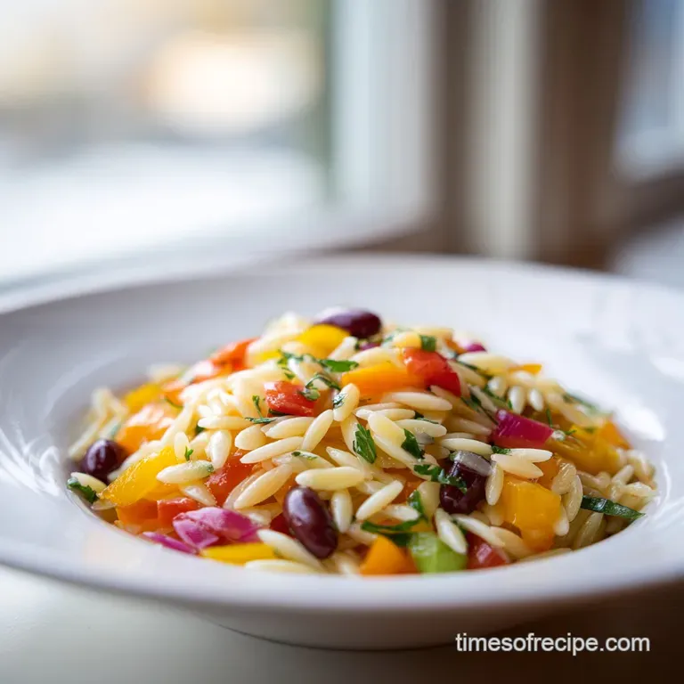 A bright mound of rainbow orzo salad artfully plated, dotted with fresh herbs and a lemon wedge for garnish.