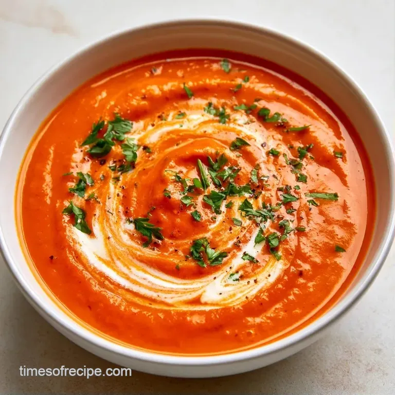 Four elegant white bowls filled with smooth red puree, topped with a basil leaf and golden toasted croutons.