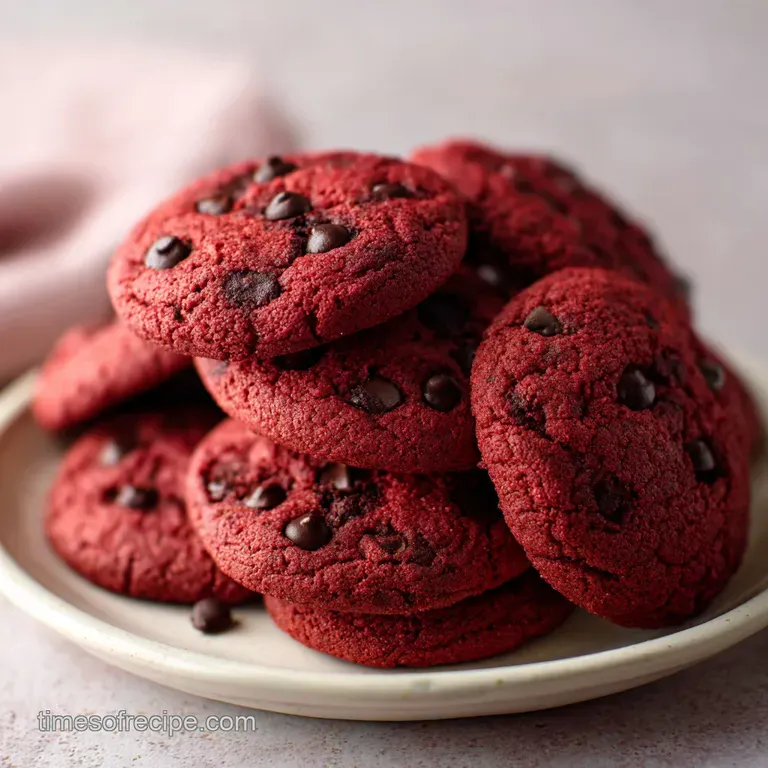 Stack of three crimson red velvet cookies on a white plate. A sprinkle of powdered sugar creates a light, elegant presenta...