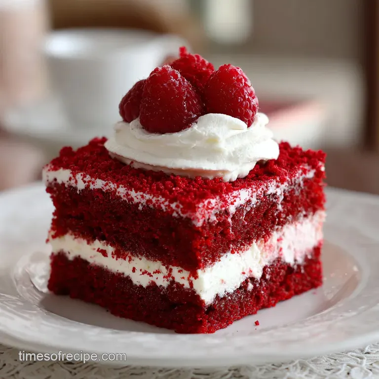 A fork-tender slice of vibrant red cake, revealing creamy white pockets, artfully arranged with berry garnish.