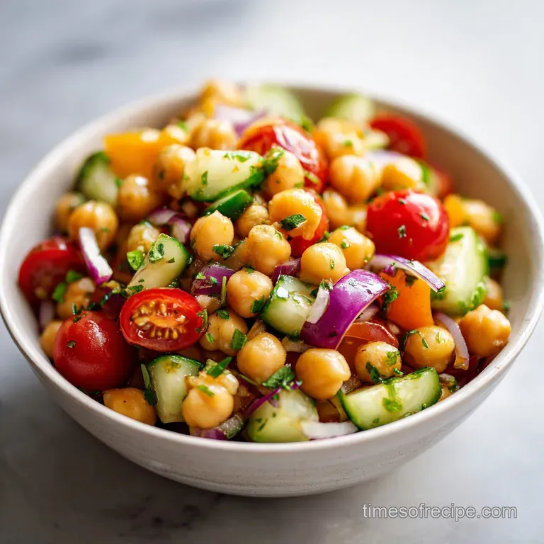 Vibrant medley of cubed cucumbers and chickpeas served in a white bowl, topped with a sprinkle of fresh herbs.